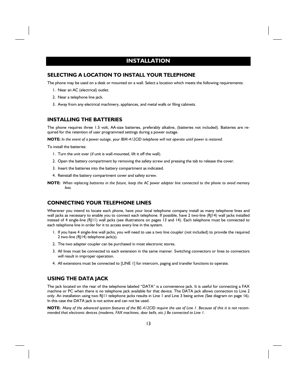 Installation | IBM 4 LINE TELEPHONE WITH CALLER ID -412CID User Manual | Page 13 / 43