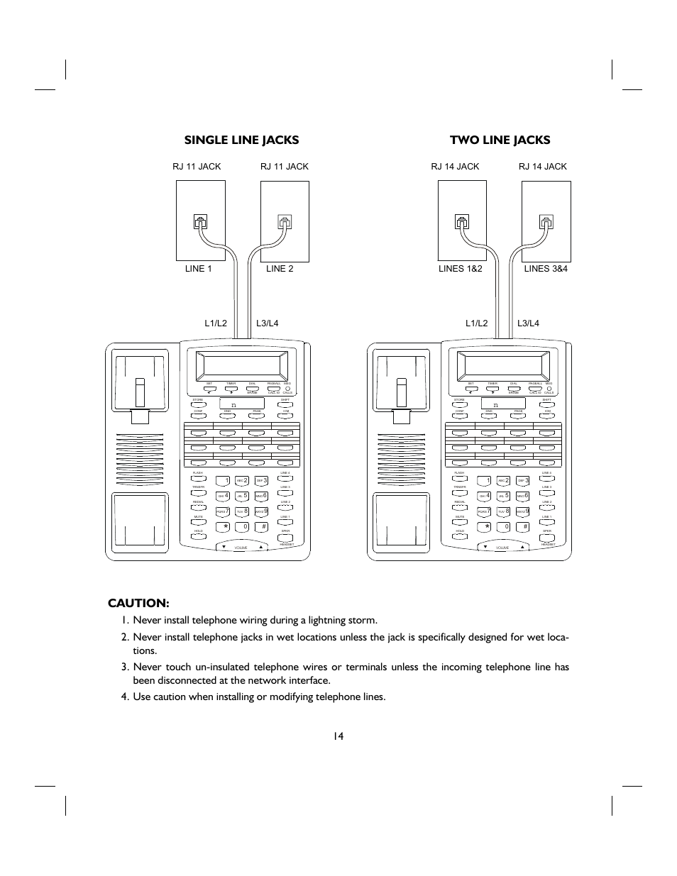 Caution, Single line jacks, Two line jacks | IBM 4 LINE TELEPHONE WITH CALLER ID -412CID User Manual | Page 14 / 43