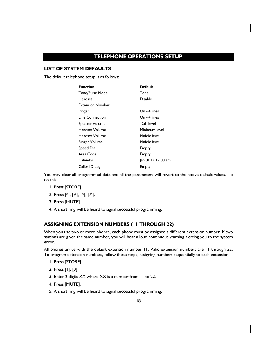 Telephone operations setup | IBM 4 LINE TELEPHONE WITH CALLER ID -412CID User Manual | Page 18 / 43