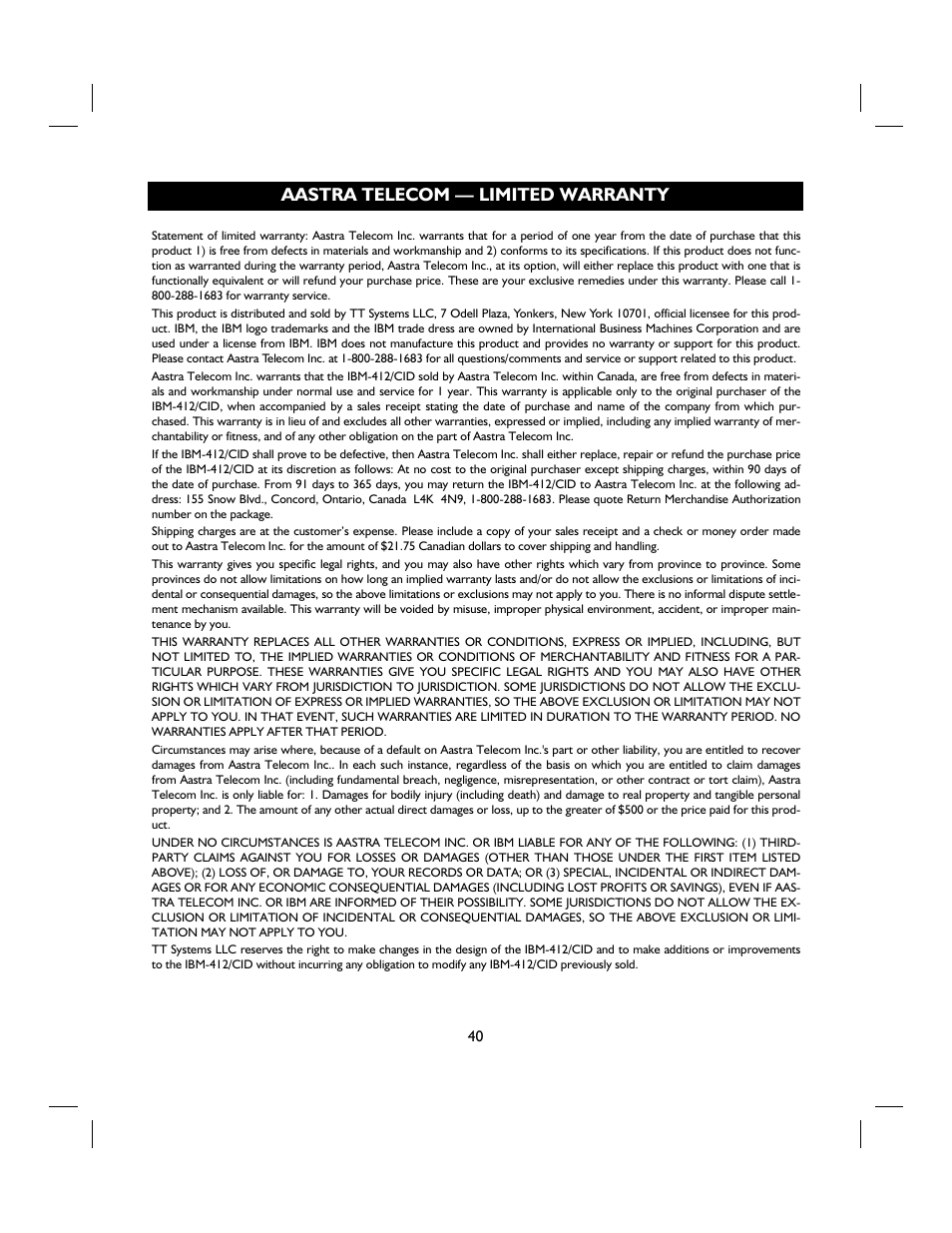 Aastra telecom — limited warranty | IBM 4 LINE TELEPHONE WITH CALLER ID -412CID User Manual | Page 40 / 43