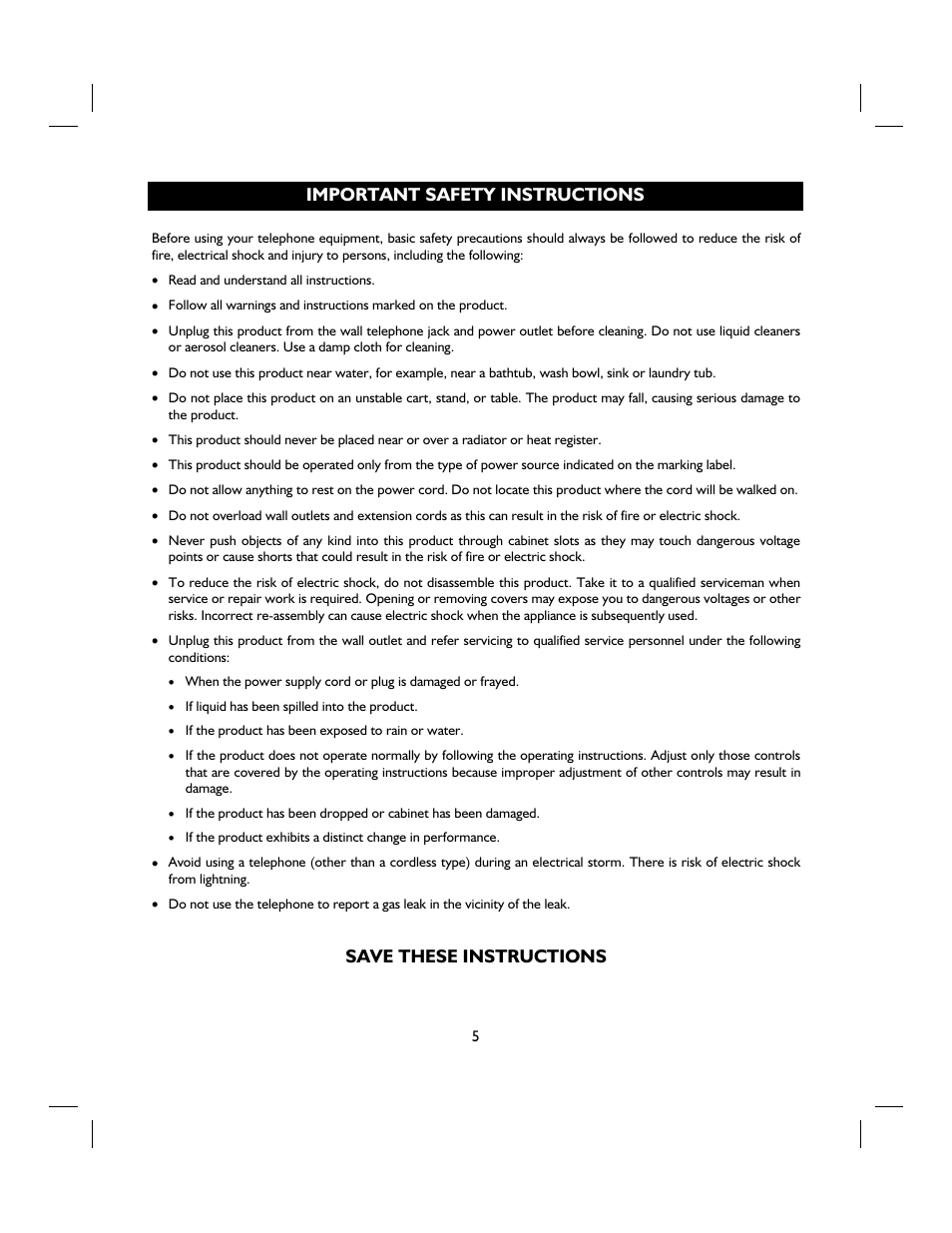 Save these instructions, Important safety instructions | IBM 4 LINE TELEPHONE WITH CALLER ID -412CID User Manual | Page 5 / 43