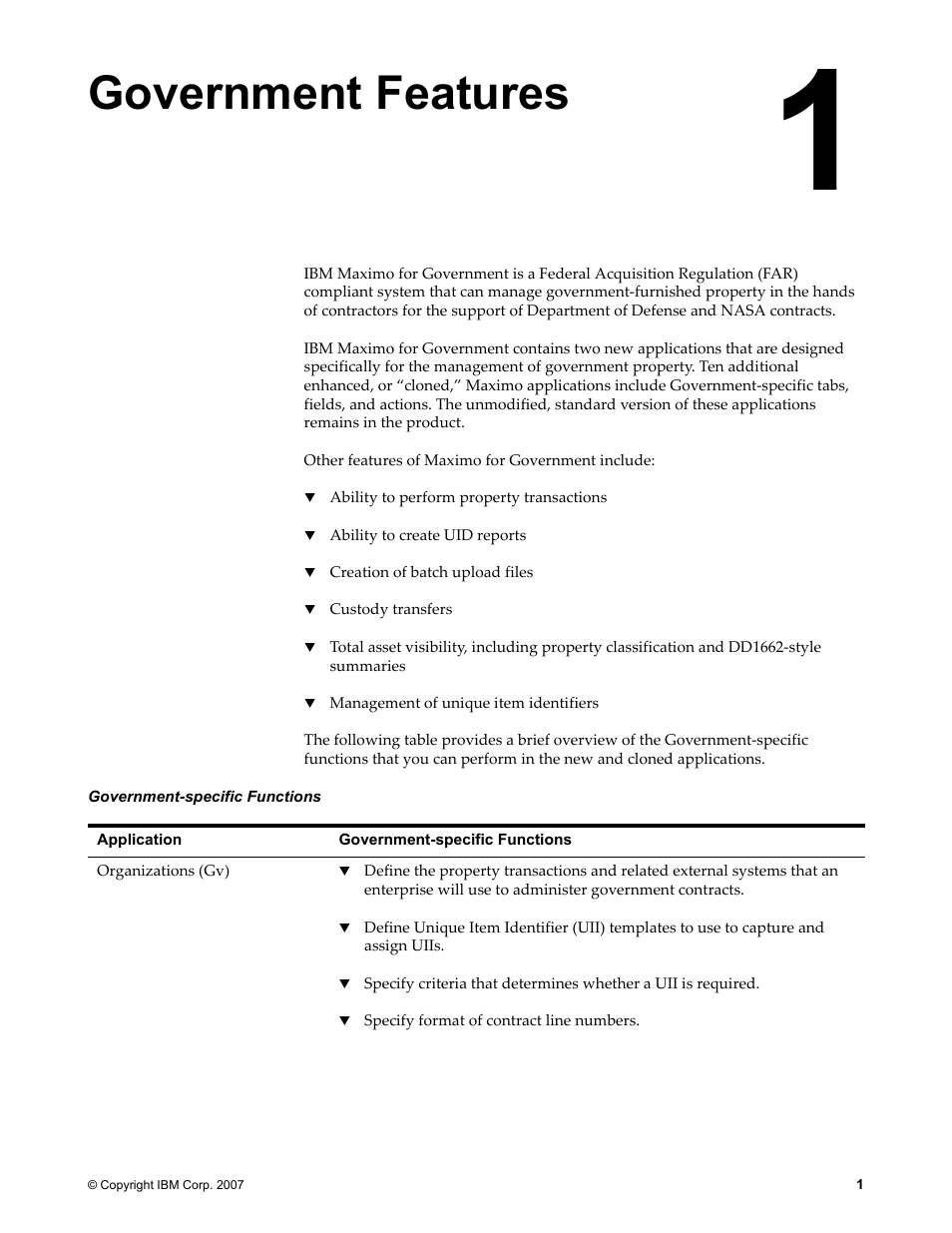 Chapter 1: government features, Government features | IBM TIVOLI SC23-8765-00 User Manual | Page 11 / 74