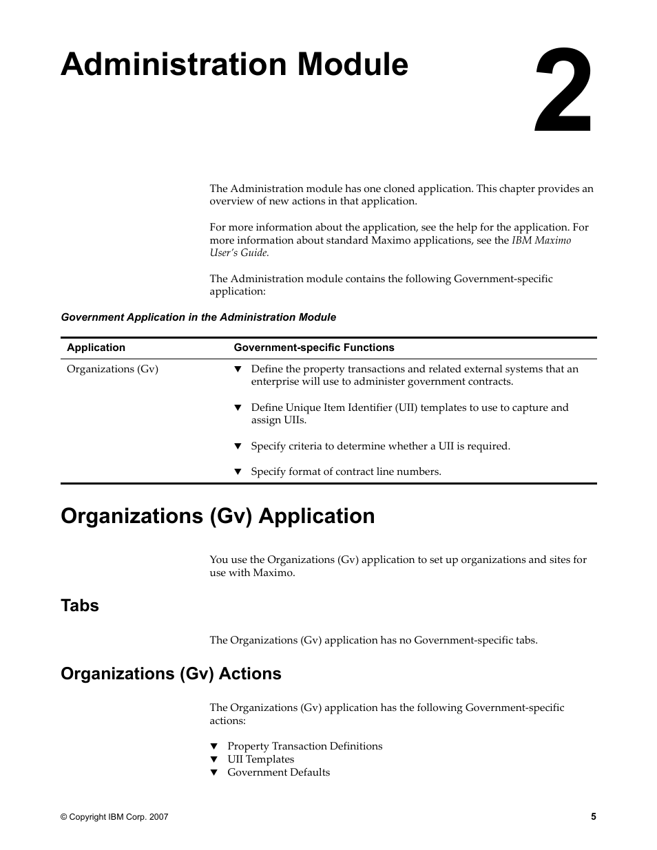 Chapter 2: administration module, Organizations (gv) application, Tabs | Organizations (gv) actions, Tabs organizations (gv) actions, Administration module | IBM TIVOLI SC23-8765-00 User Manual | Page 15 / 74