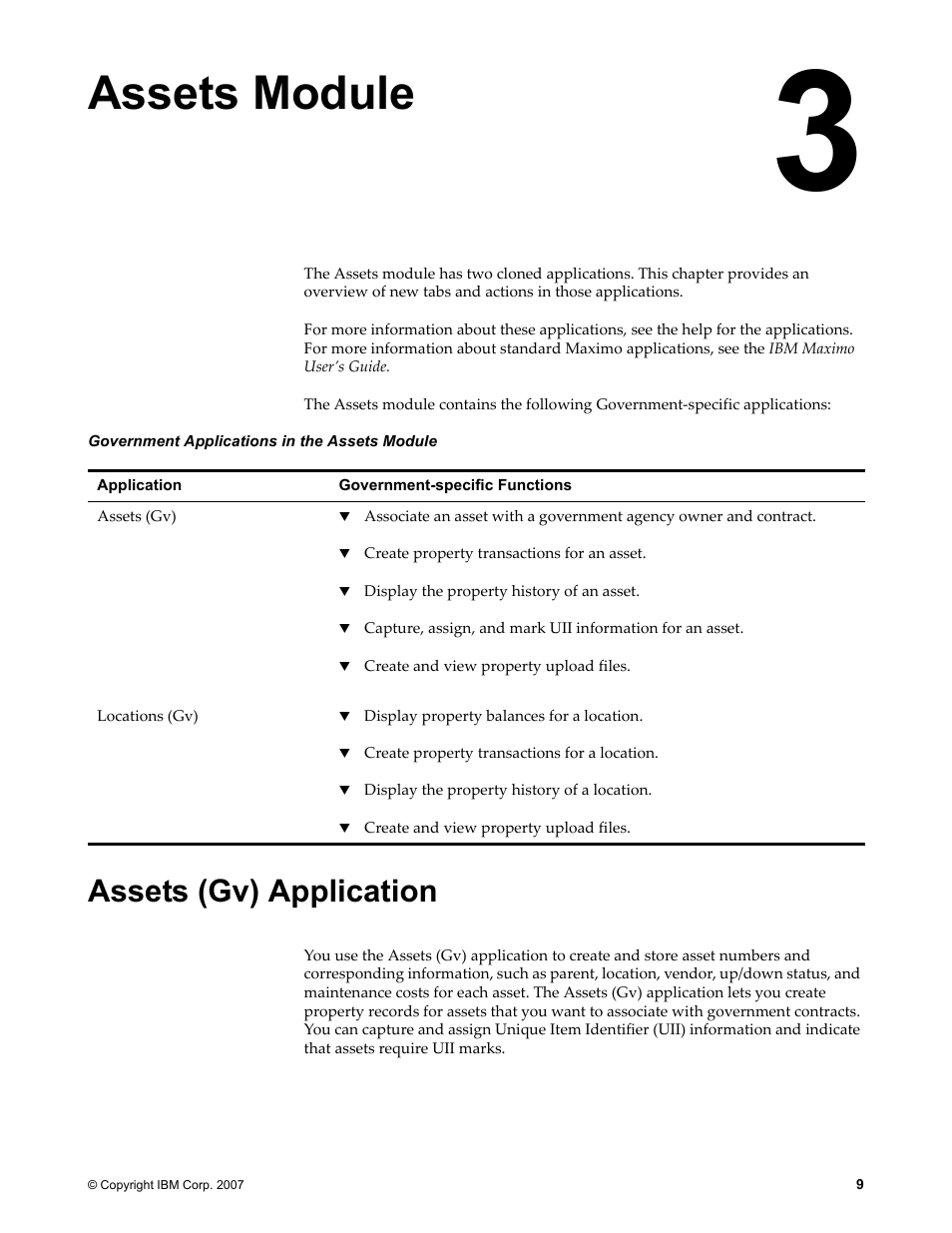 Chapter 3: assets module, Assets (gv) application, Assets module | IBM TIVOLI SC23-8765-00 User Manual | Page 19 / 74