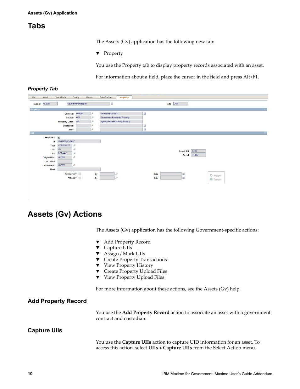 Tabs, Assets (gv) actions, Add property record | Capture uiis, Tabs assets (gv) actions, Add property record capture uiis | IBM TIVOLI SC23-8765-00 User Manual | Page 20 / 74