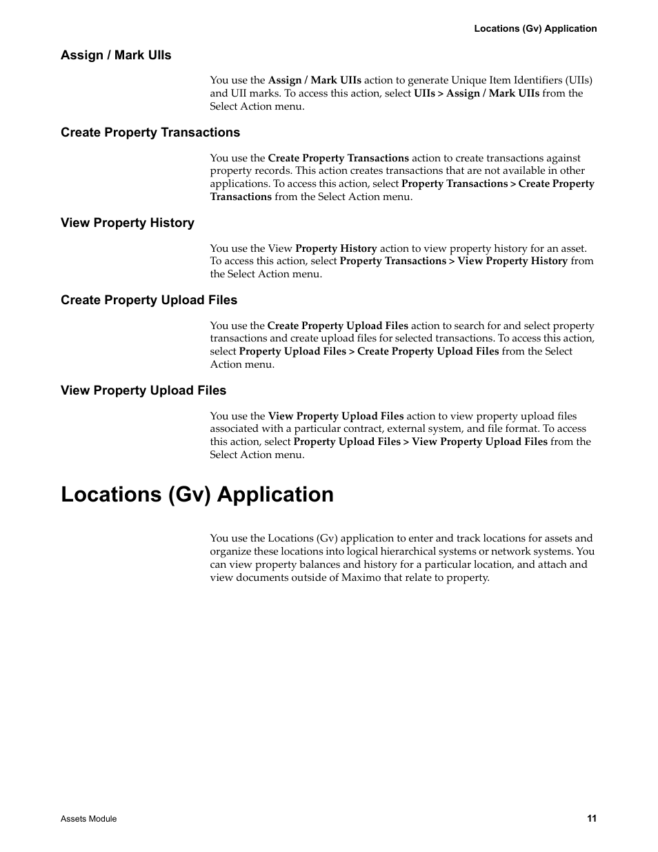 Assign / mark uiis, Create property transactions, View property history | Create property upload files, View property upload files, Locations (gv) application | IBM TIVOLI SC23-8765-00 User Manual | Page 21 / 74