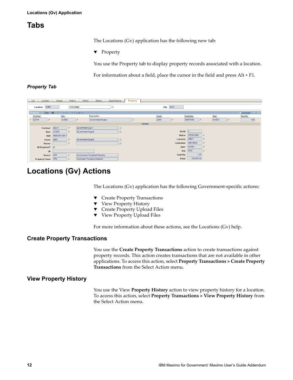 Tabs, Locations (gv) actions, Create property transactions | View property history, Tabs locations (gv) actions, Create property transactions view property history | IBM TIVOLI SC23-8765-00 User Manual | Page 22 / 74