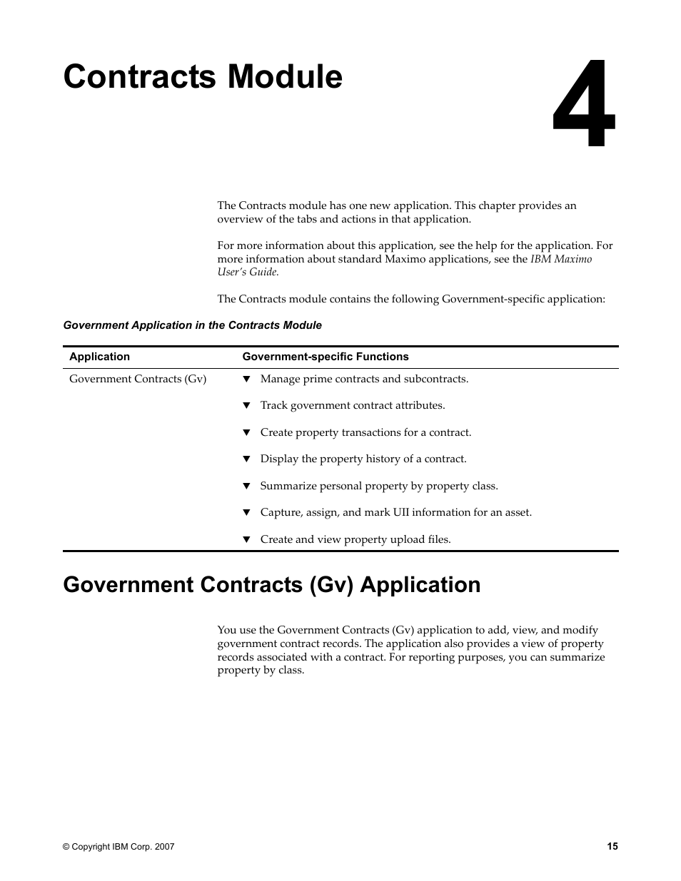 Chapter 4: contracts module, Government contracts (gv) application, Contracts module | IBM TIVOLI SC23-8765-00 User Manual | Page 25 / 74