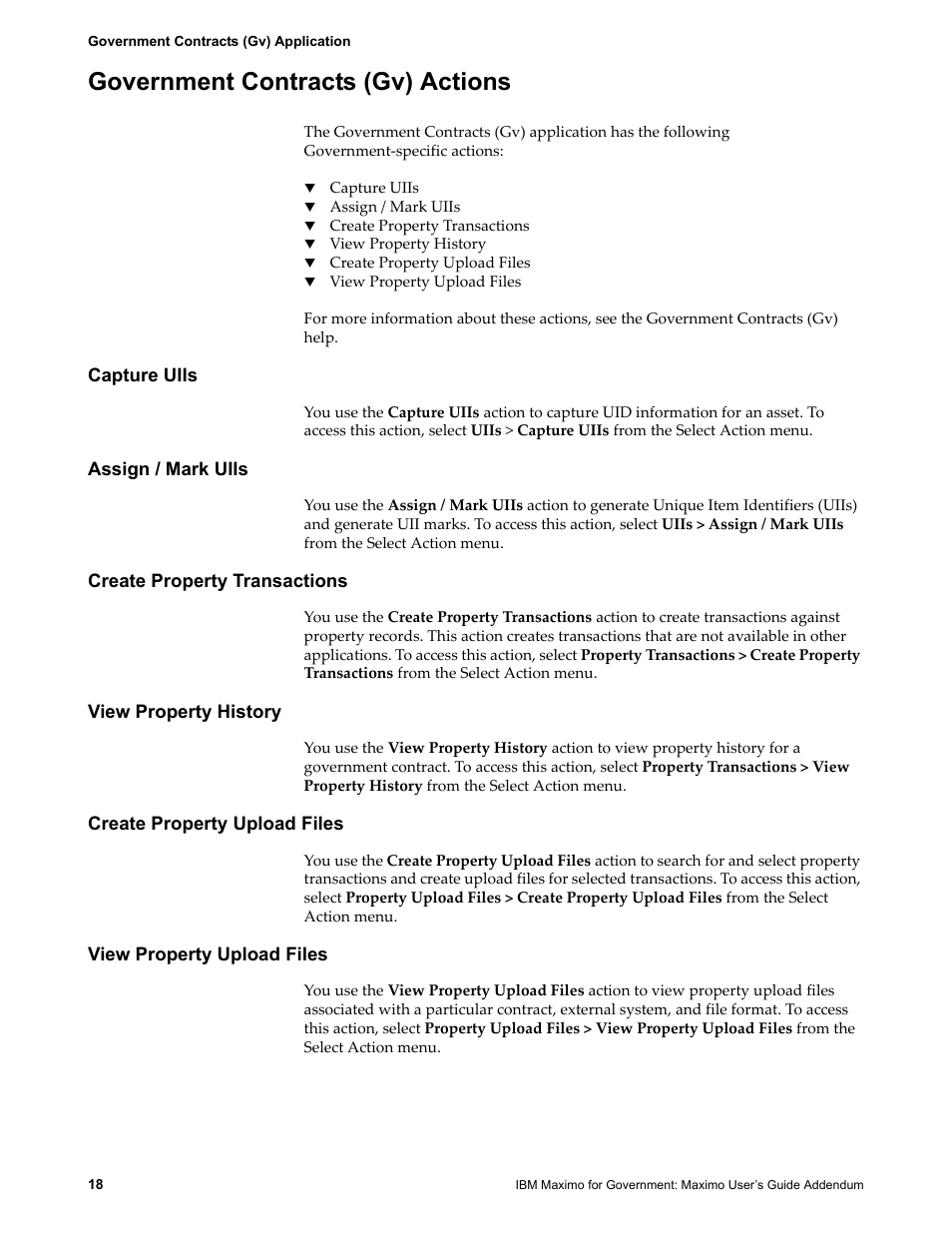Government contracts (gv) actions, Capture uiis, Assign / mark uiis | Create property transactions, View property history, Create property upload files, View property upload files | IBM TIVOLI SC23-8765-00 User Manual | Page 28 / 74