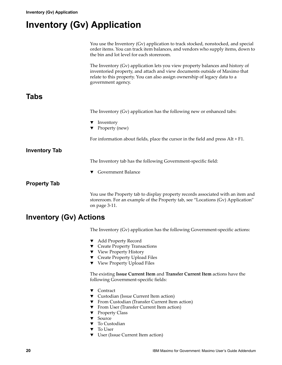 Inventory (gv) application, Tabs, Inventory tab | Property tab, Inventory (gv) actions, Inventory tab property tab | IBM TIVOLI SC23-8765-00 User Manual | Page 30 / 74