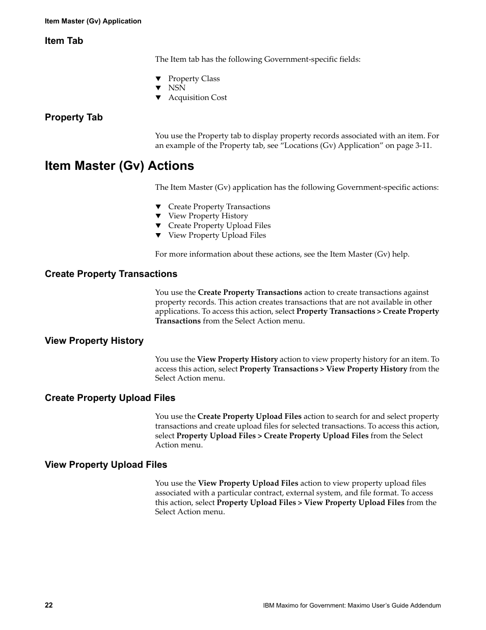 Item tab, Property tab, Item master (gv) actions | Create property transactions, View property history, Create property upload files, View property upload files, Item tab property tab | IBM TIVOLI SC23-8765-00 User Manual | Page 32 / 74