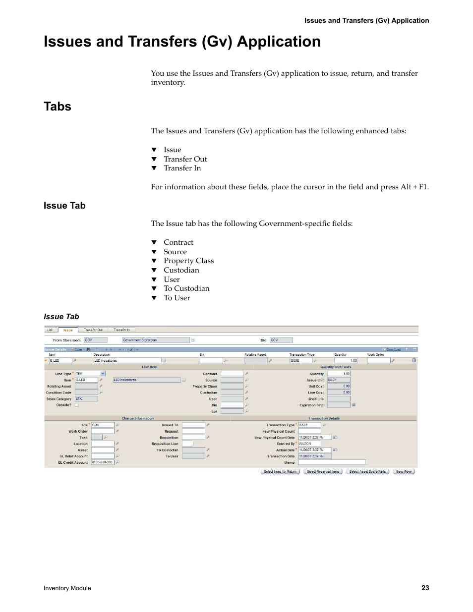 Issues and transfers (gv) application, Tabs, Issue tab | IBM TIVOLI SC23-8765-00 User Manual | Page 33 / 74