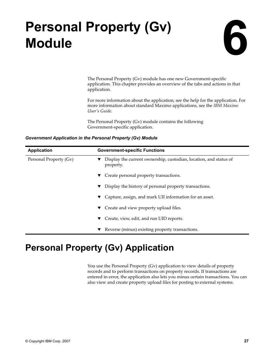 Chapter 6: personal property (gv) module, Personal property (gv) application, Personal property (gv) module | IBM TIVOLI SC23-8765-00 User Manual | Page 37 / 74