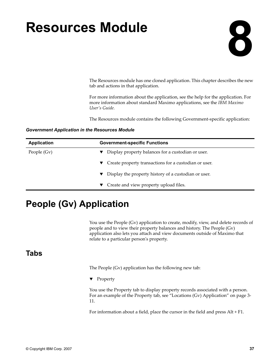 Chapter 8: resources module, People (gv) application, Tabs | Resources module | IBM TIVOLI SC23-8765-00 User Manual | Page 47 / 74