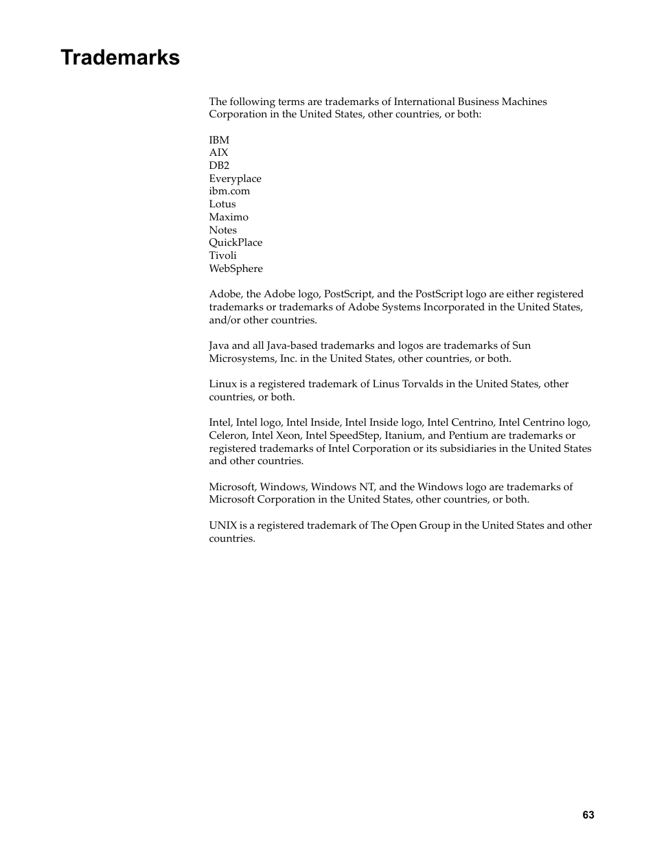 Trademarks | IBM TIVOLI SC23-8765-00 User Manual | Page 73 / 74