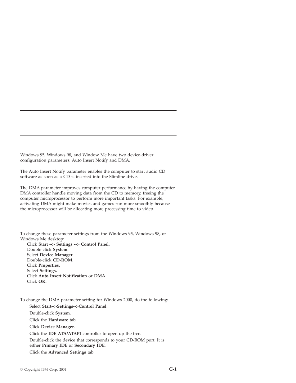 Changing the windows 2000 dma parameter setting, And windows me device drivers, Windows 98, and windows me | IBM 10K3799 User Manual | Page 31 / 54