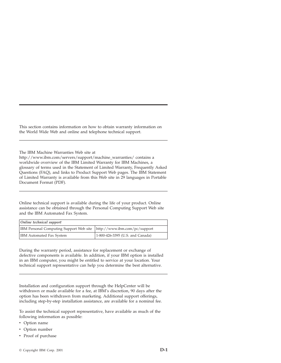 Appendix d. help and service information, Warranty information on the world wide web, Online technical support | Telephone technical support | IBM 10K3799 User Manual | Page 33 / 54