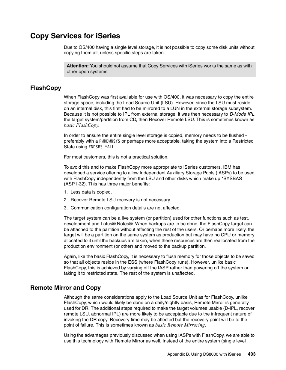 Copy services for iseries, Flashcopy, Remote mirror and copy | Flashcopy remote mirror and copy | IBM DS8000 User Manual | Page 425 / 450
