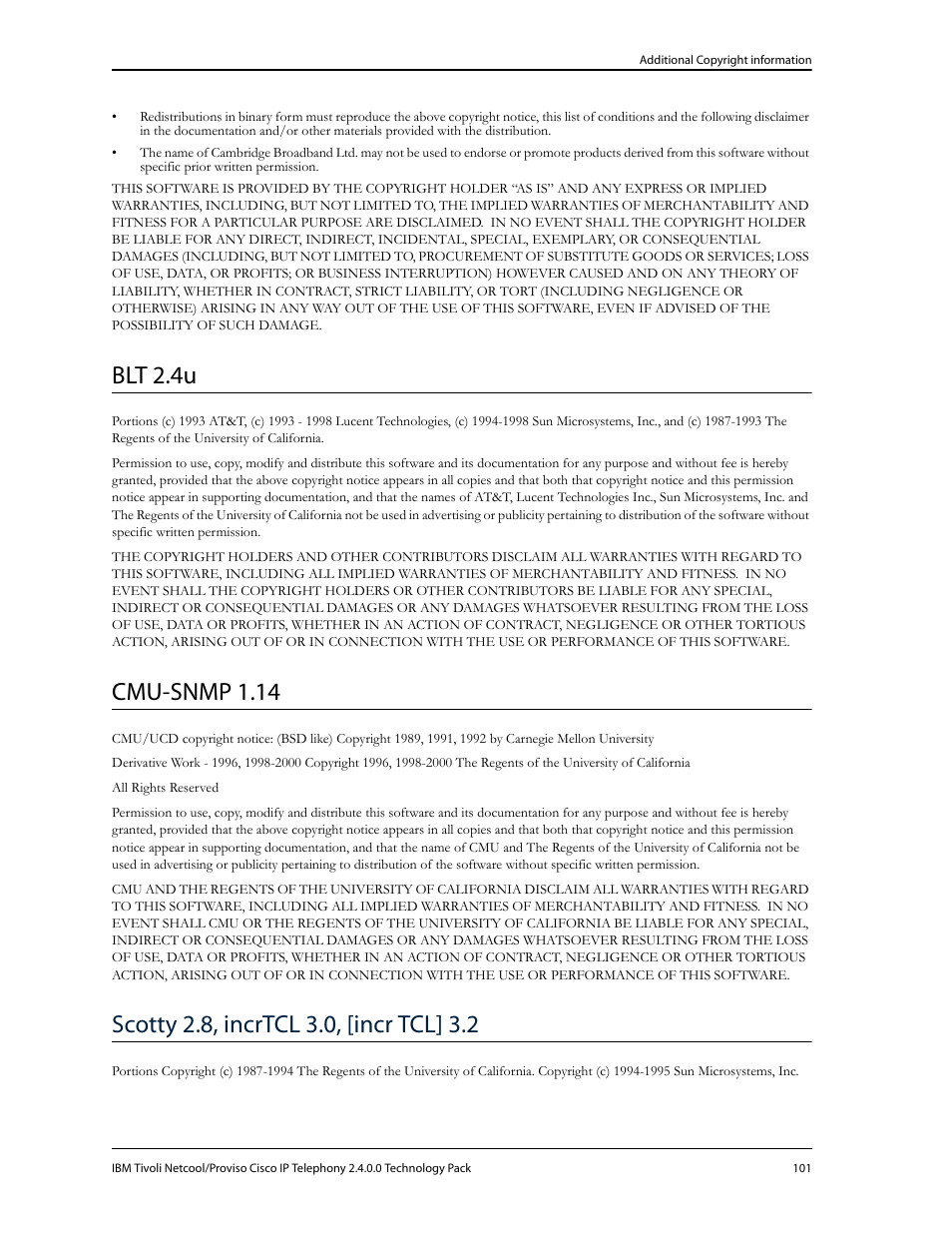 Blt 2.4u, Cmu-snmp 1.14 | IBM CISCO R2E2 User Manual | Page 105 / 110