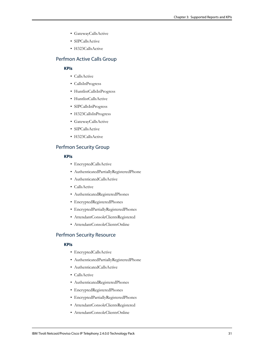 Perfmon active calls group, Perfmon security group, Perfmon security resource | IBM CISCO R2E2 User Manual | Page 35 / 110