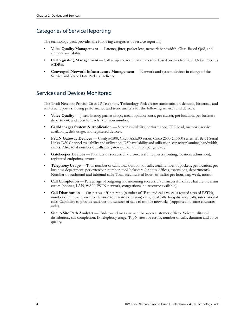 Categories of service reporting, Services and devices monitored | IBM CISCO R2E2 User Manual | Page 8 / 110