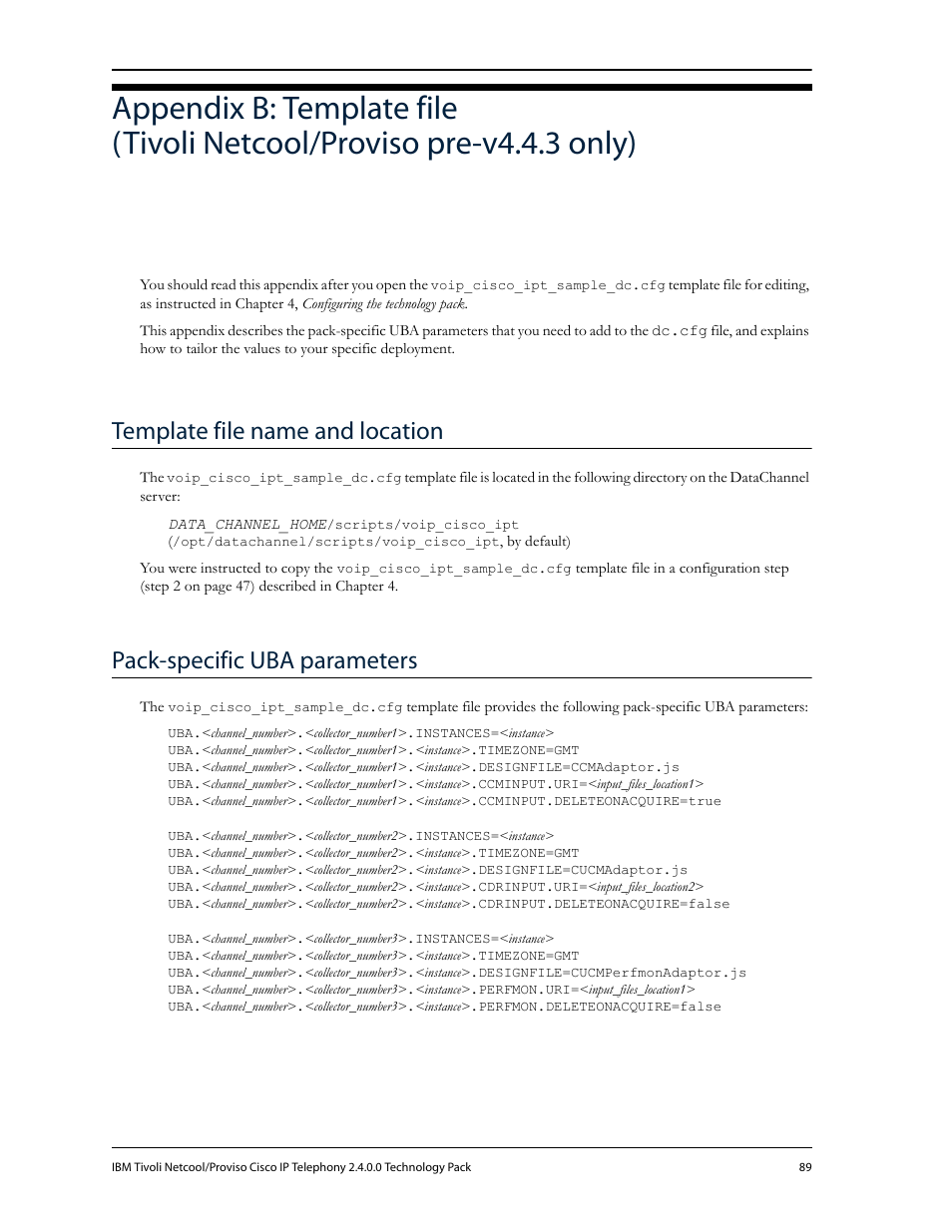 Template file name and location, Pack-specific uba parameters | IBM CISCO R2E2 User Manual | Page 93 / 110