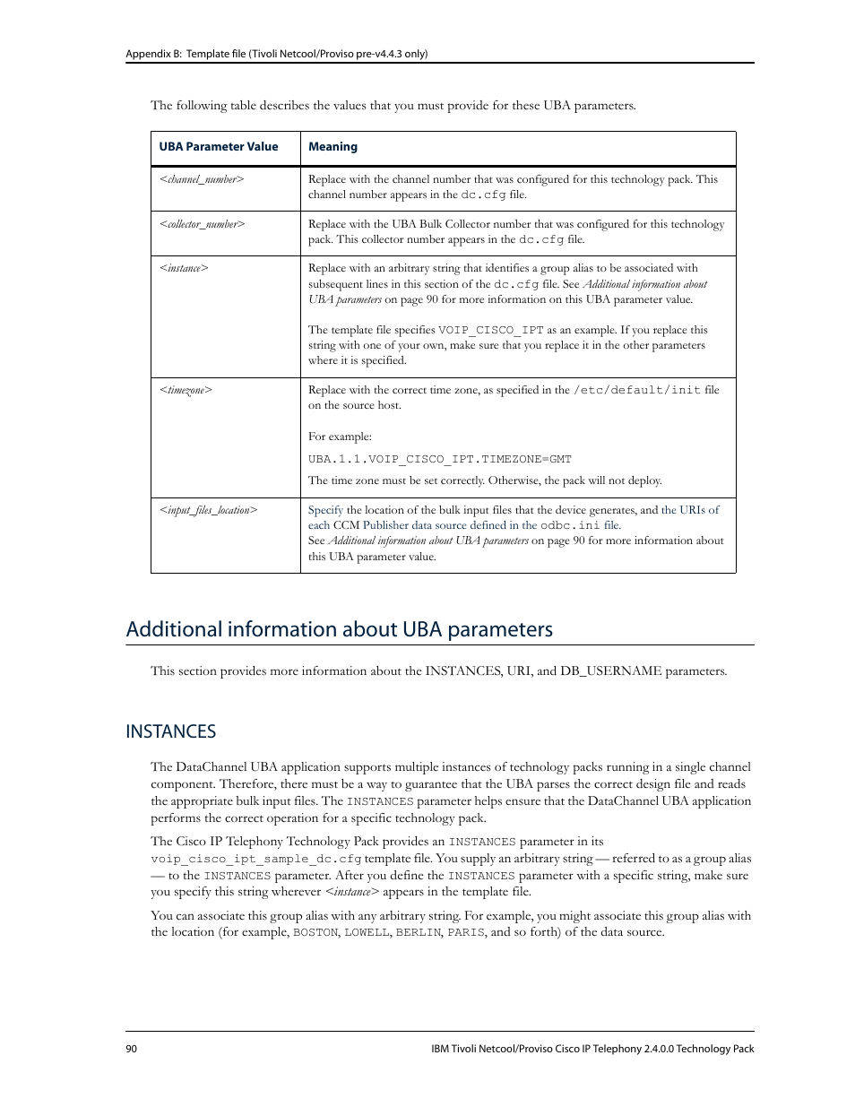 Additional information about uba parameters, Instances | IBM CISCO R2E2 User Manual | Page 94 / 110