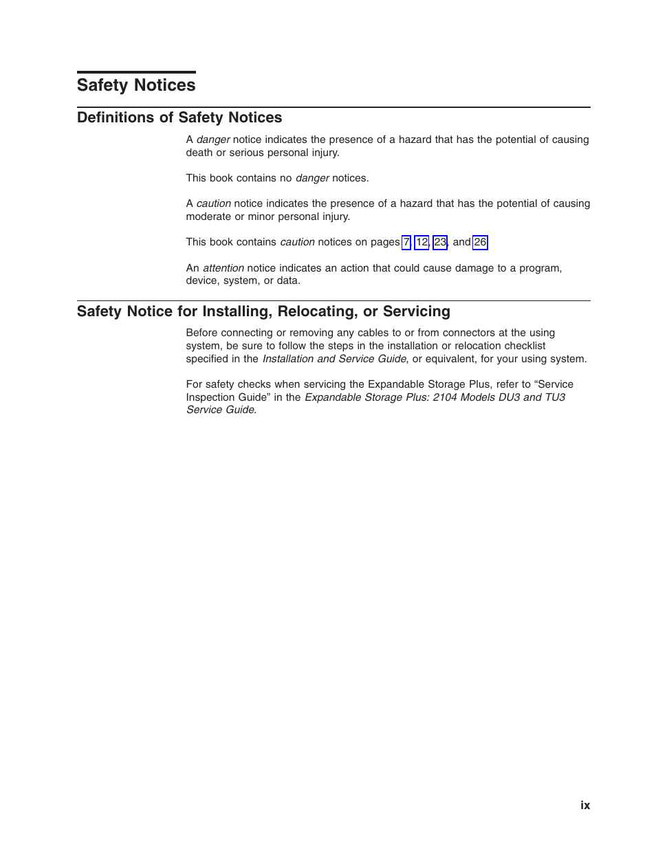 Safety notices, Definitions of safety notices | IBM 2104 Model DU3 User Manual | Page 11 / 114