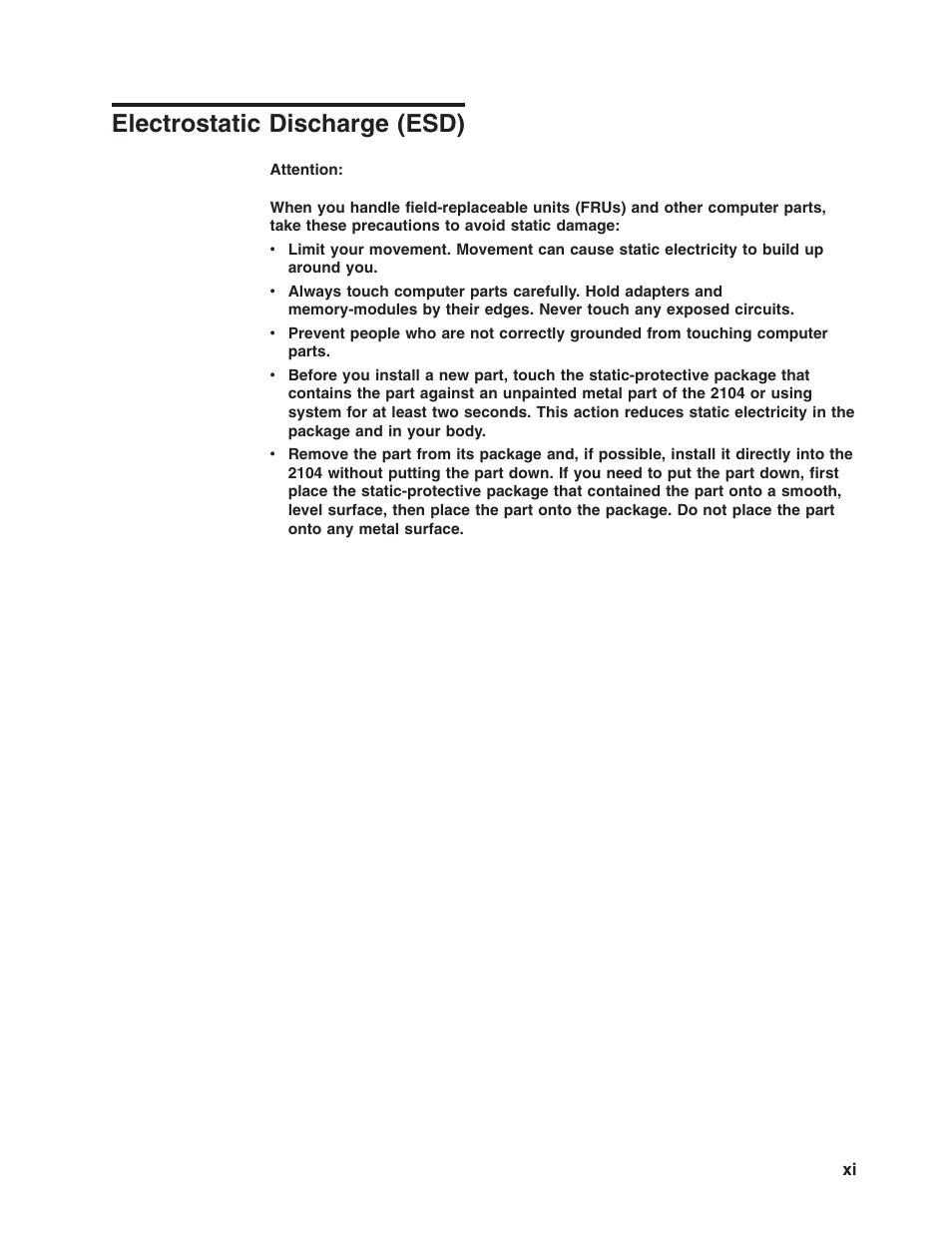 Electrostatic discharge (esd) | IBM 2104 Model DU3 User Manual | Page 13 / 114