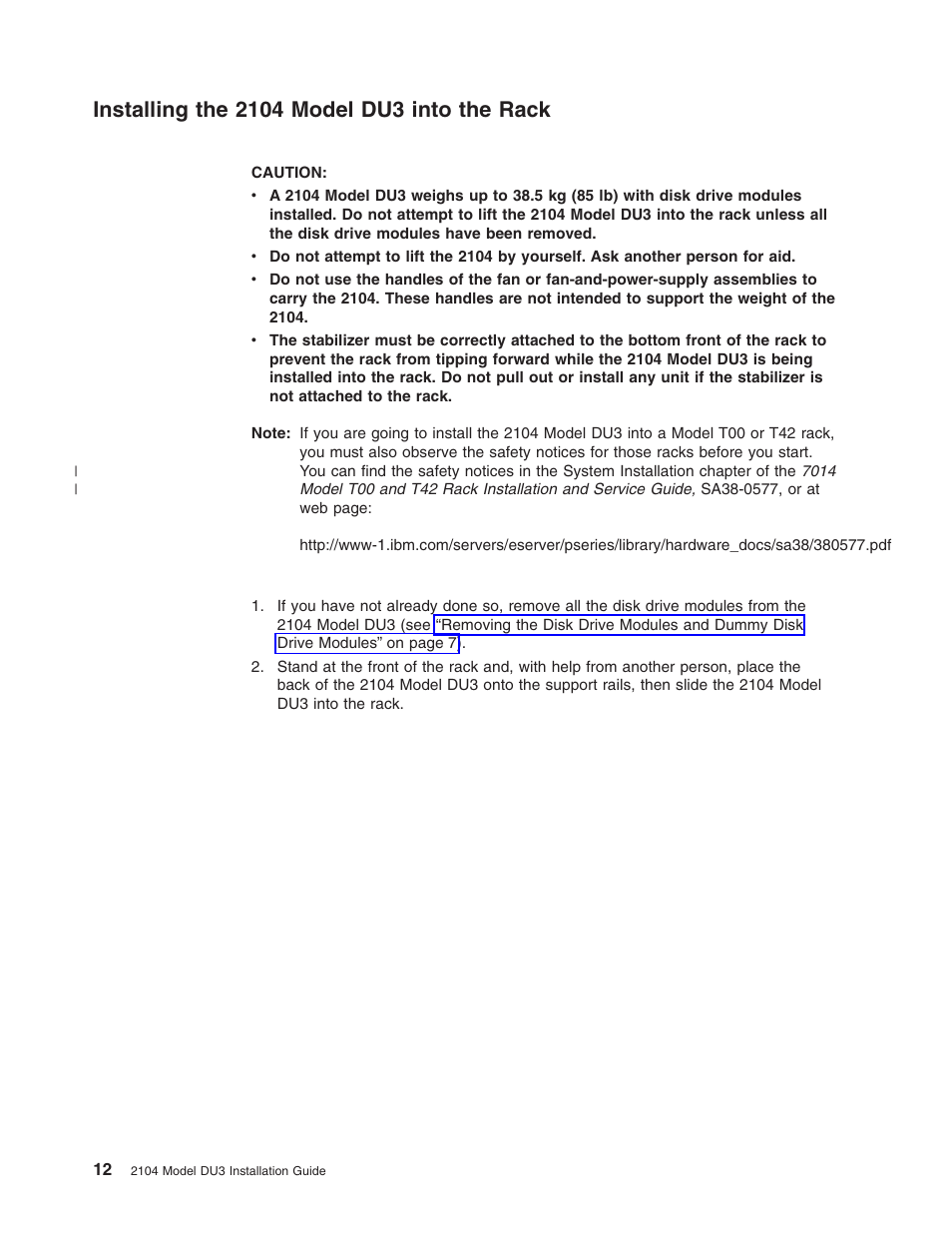 Installing the 2104 model du3 into the rack | IBM 2104 Model DU3 User Manual | Page 28 / 114