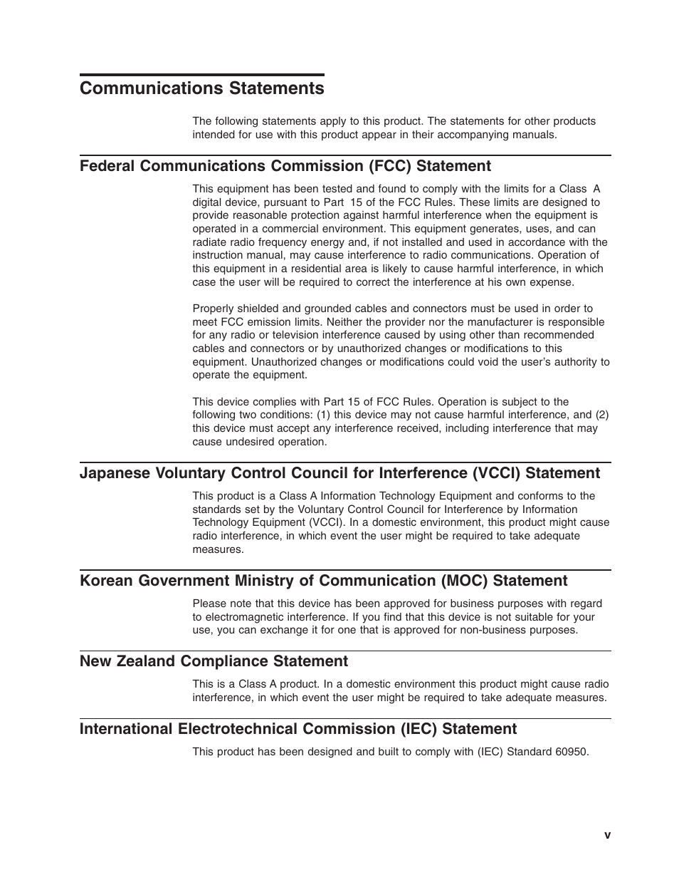 Communications statements, Federal communications commission (fcc) statement, New zealand compliance statement | IBM 2104 Model DU3 User Manual | Page 7 / 114