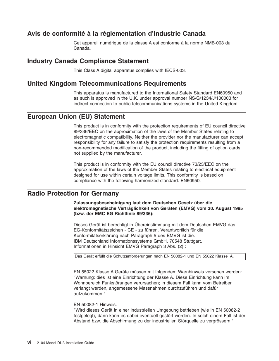 Industry canada compliance statement, United kingdom telecommunications requirements, European union (eu) statement | Radio protection for germany | IBM 2104 Model DU3 User Manual | Page 8 / 114