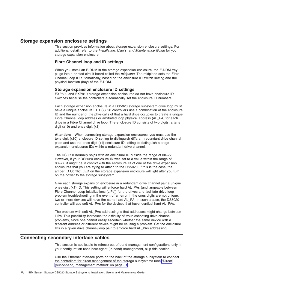 Storage expansion enclosure settings, Fibre channel loop and id settings, Storage expansion enclosure id settings | Connecting secondary interface cables | IBM System Storage Subsystem DS5020 User Manual | Page 108 / 250