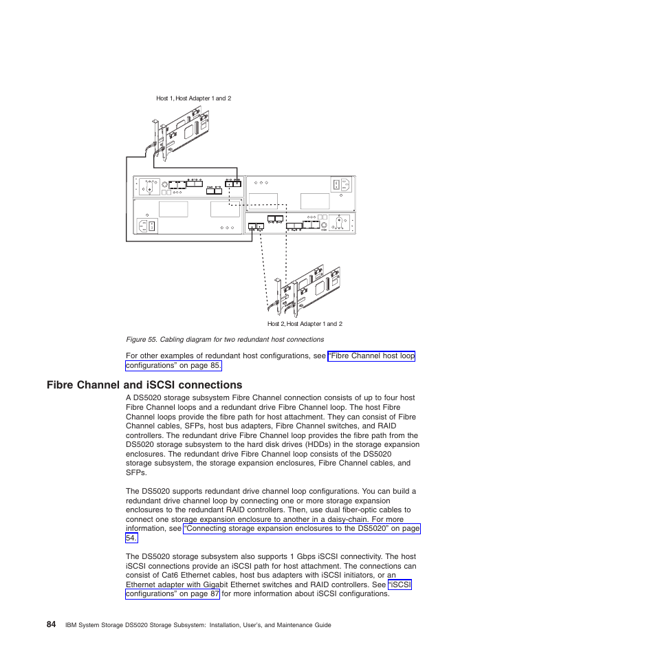 Fibre channel and iscsi connections, Cabling diagram for two redundant host connections | IBM System Storage Subsystem DS5020 User Manual | Page 114 / 250