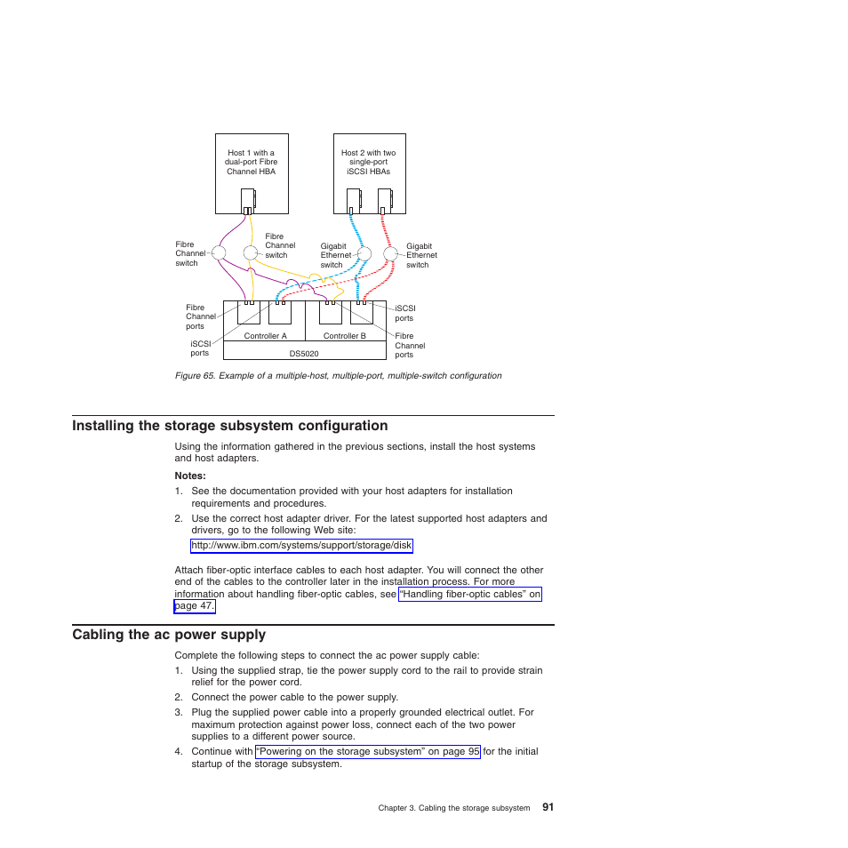 Installing the storage subsystem configuration, Cabling the ac power supply | IBM System Storage Subsystem DS5020 User Manual | Page 121 / 250
