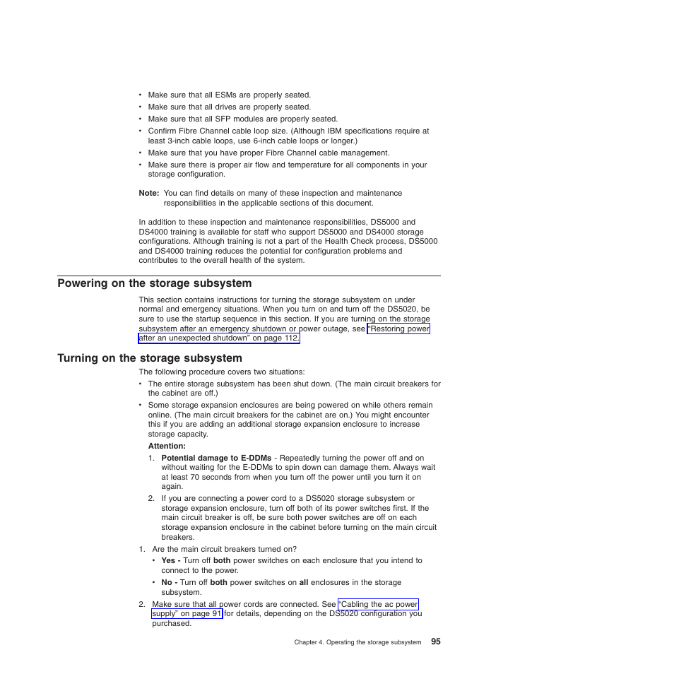 Powering on the storage subsystem, Turning on the storage subsystem | IBM System Storage Subsystem DS5020 User Manual | Page 125 / 250