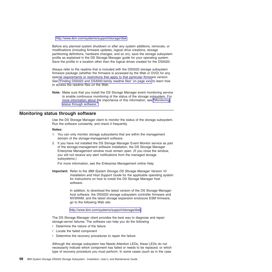 Monitoring status through software | IBM System Storage Subsystem DS5020 User Manual | Page 128 / 250