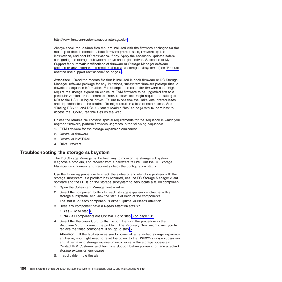 Troubleshooting the storage subsystem | IBM System Storage Subsystem DS5020 User Manual | Page 130 / 250