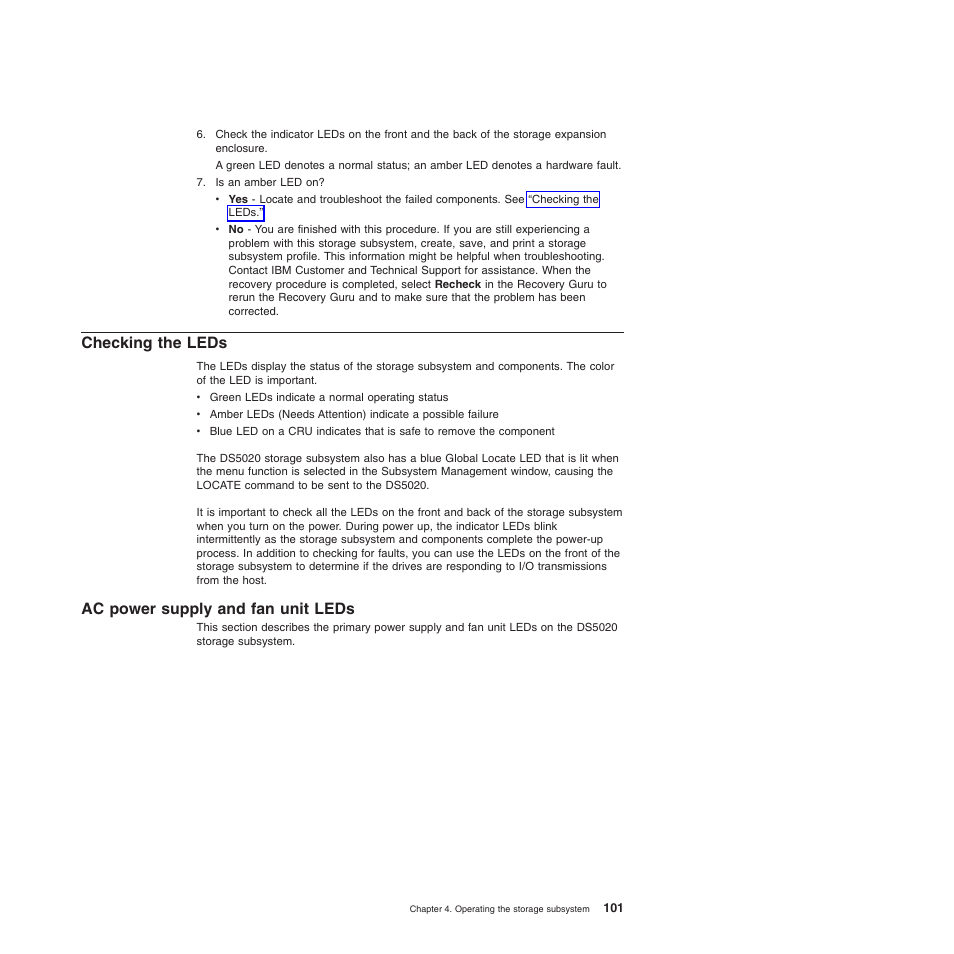 Checking the leds, Ac power supply and fan unit leds | IBM System Storage Subsystem DS5020 User Manual | Page 131 / 250