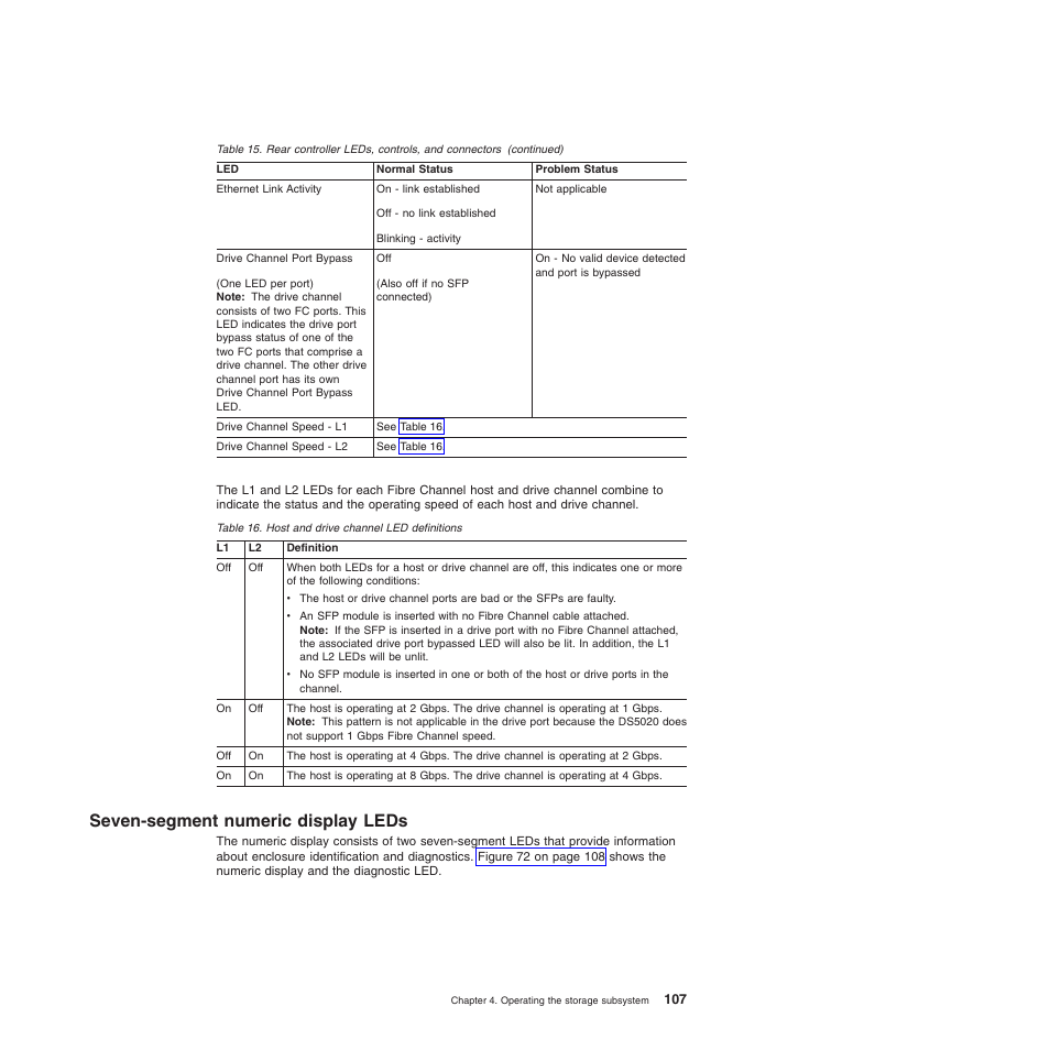 Seven-segment numeric display leds, Host and drive channel led definitions | IBM System Storage Subsystem DS5020 User Manual | Page 137 / 250