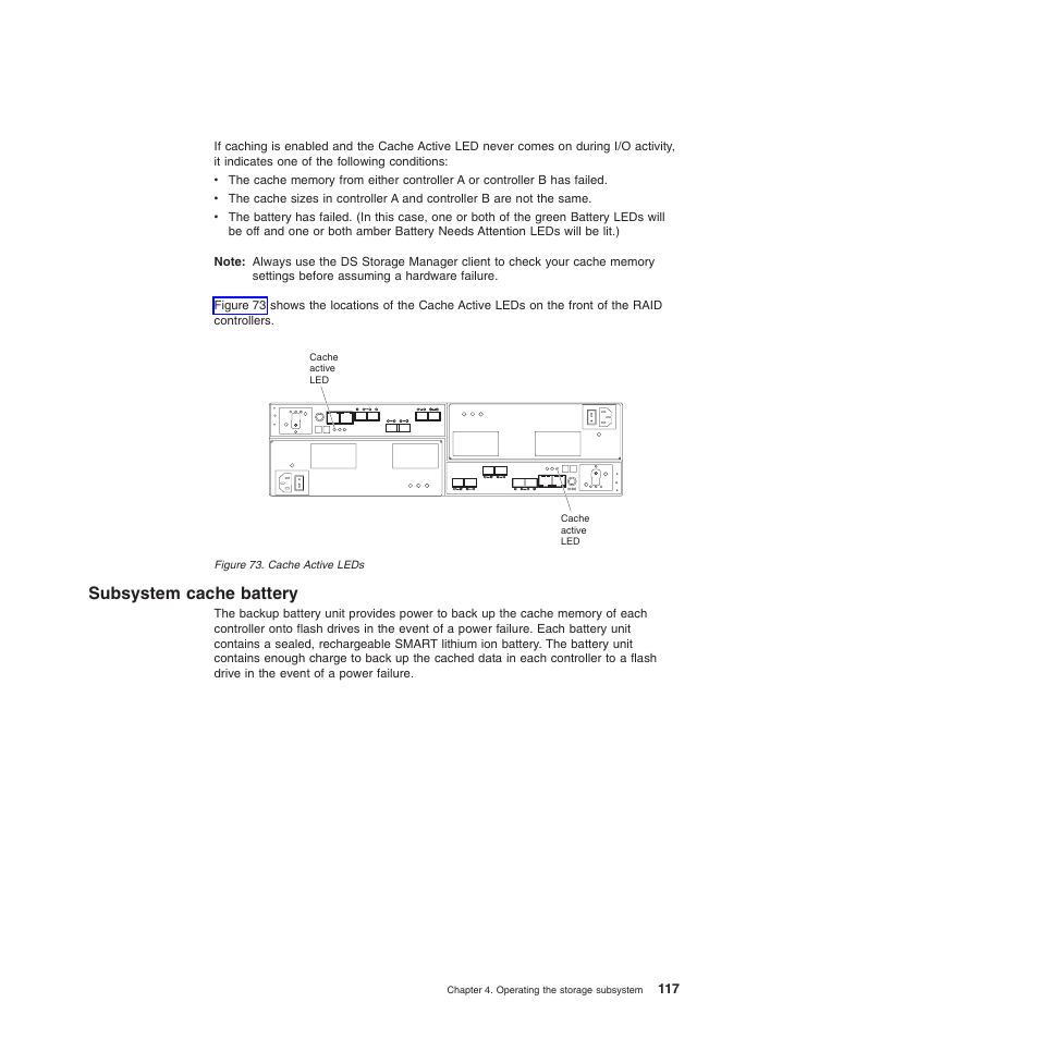 Subsystem cache battery, Cache active leds | IBM System Storage Subsystem DS5020 User Manual | Page 147 / 250