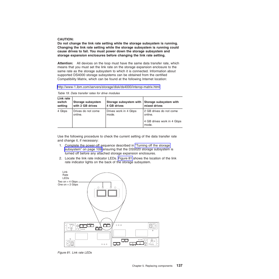 Link rate leds, Data transfer rates for drive modules | IBM System Storage Subsystem DS5020 User Manual | Page 167 / 250