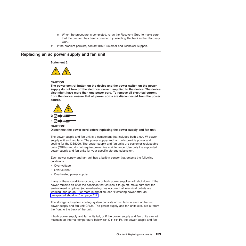 Replacing an ac power supply and fan unit | IBM System Storage Subsystem DS5020 User Manual | Page 169 / 250