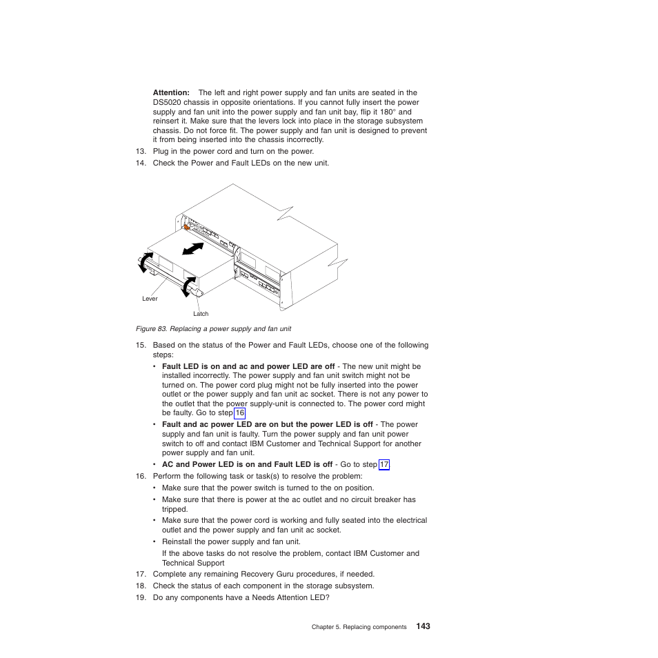 Replacing a power supply and fan unit | IBM System Storage Subsystem DS5020 User Manual | Page 173 / 250