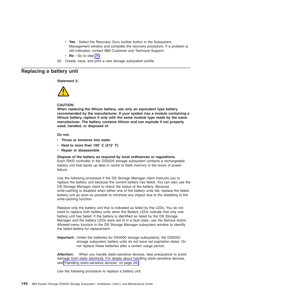 Replacing a battery unit | IBM System Storage Subsystem DS5020 User Manual | Page 174 / 250