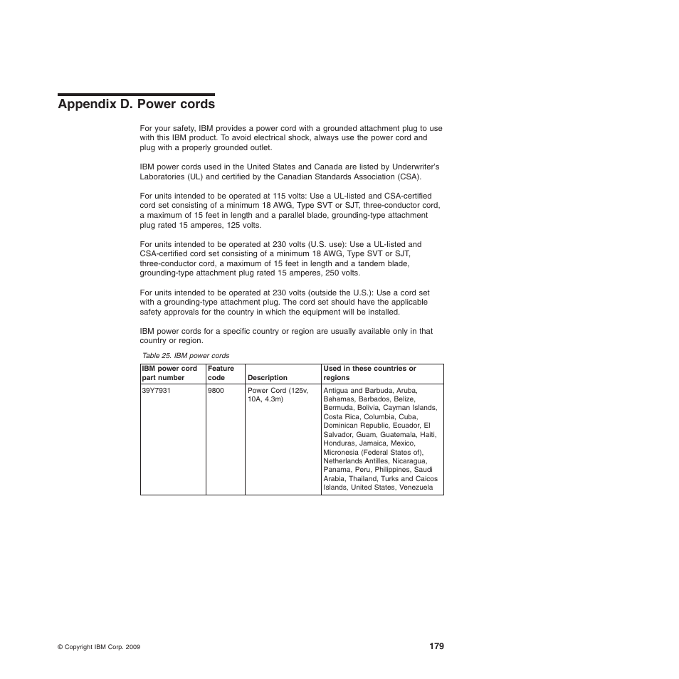 Appendix d. power cords, Ibm power cords | IBM System Storage Subsystem DS5020 User Manual | Page 209 / 250