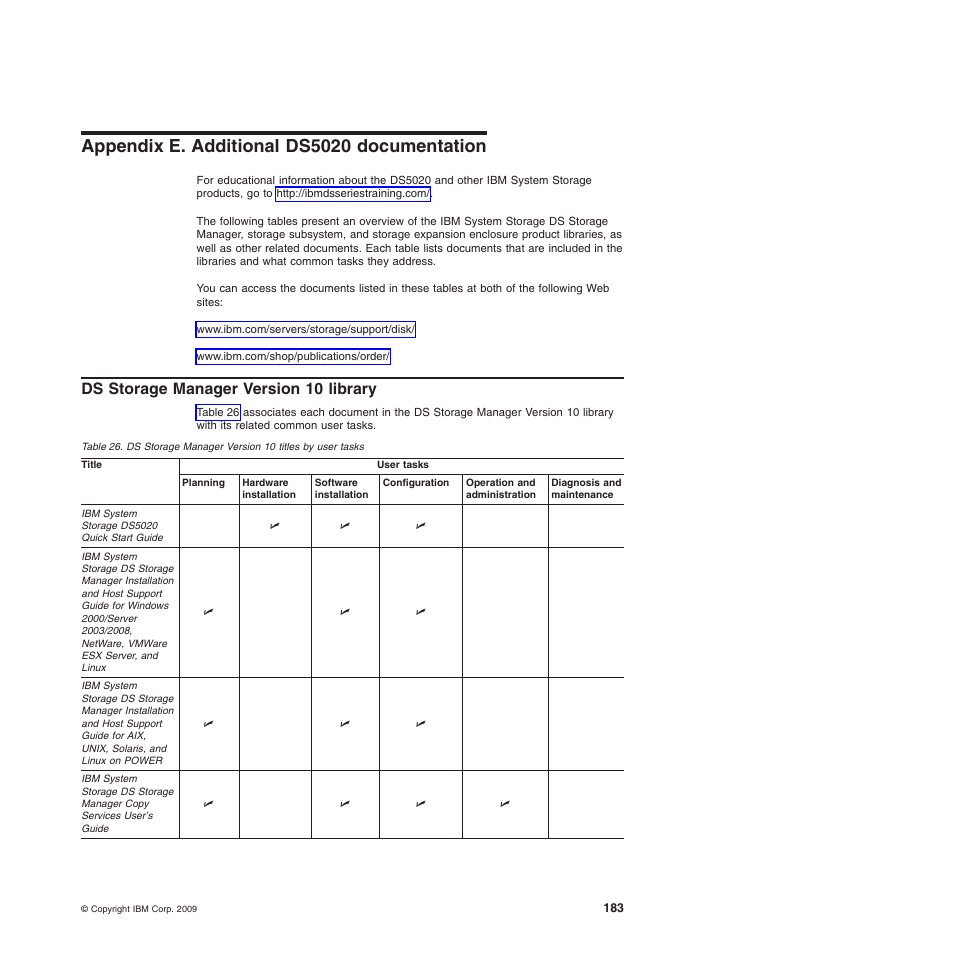 Appendix e. additional ds5020 documentation, Ds storage manager version 10 library, Ds storage manager version 10 titles by user tasks | IBM System Storage Subsystem DS5020 User Manual | Page 213 / 250