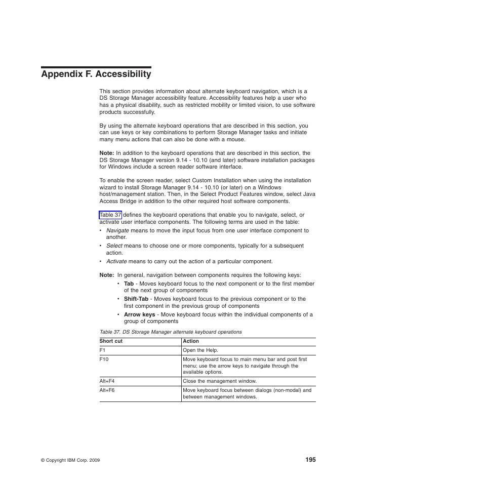 Appendix f. accessibility, Ds storage manager alternate keyboard operations | IBM System Storage Subsystem DS5020 User Manual | Page 225 / 250