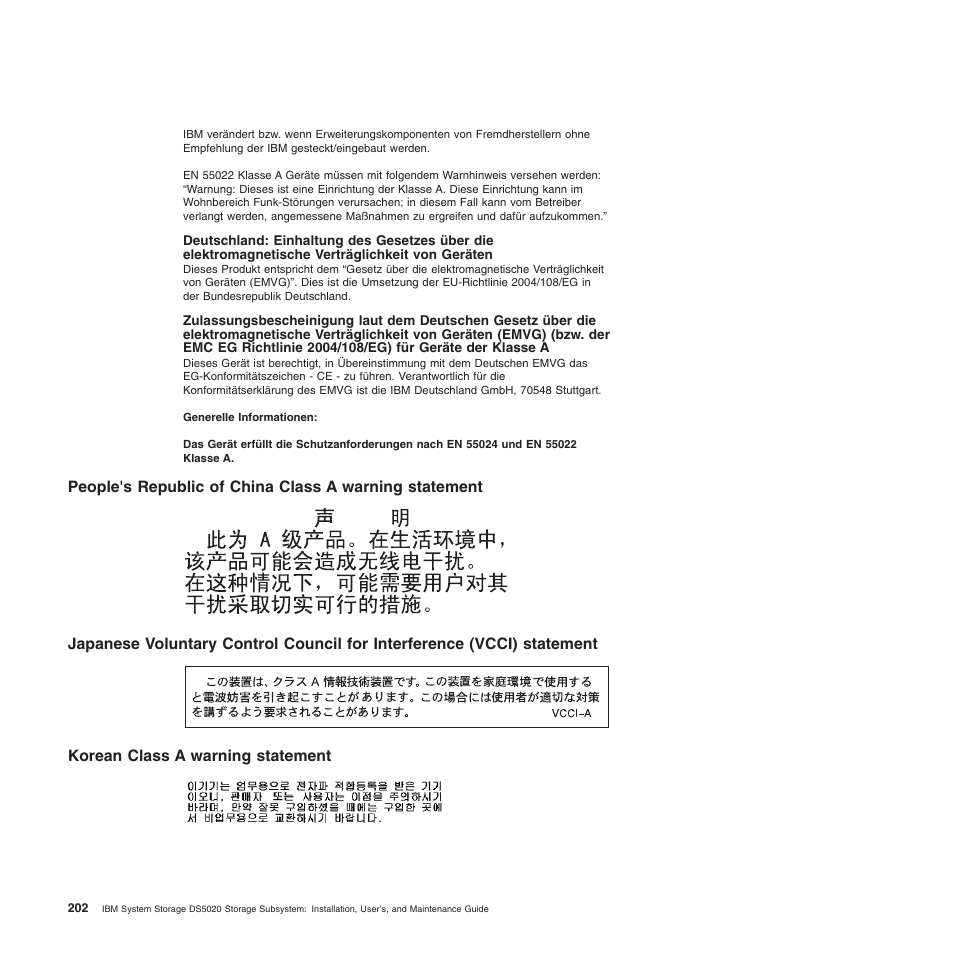 Korean class a warning statement, Verträglichkeit von geräten | IBM System Storage Subsystem DS5020 User Manual | Page 232 / 250