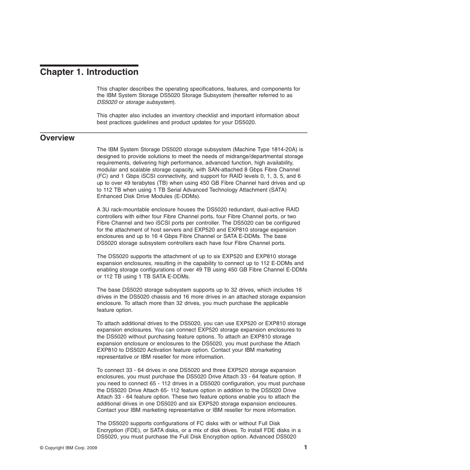 Chapter 1. introduction, Overview, Chapter 1. introduction overview | IBM System Storage Subsystem DS5020 User Manual | Page 31 / 250
